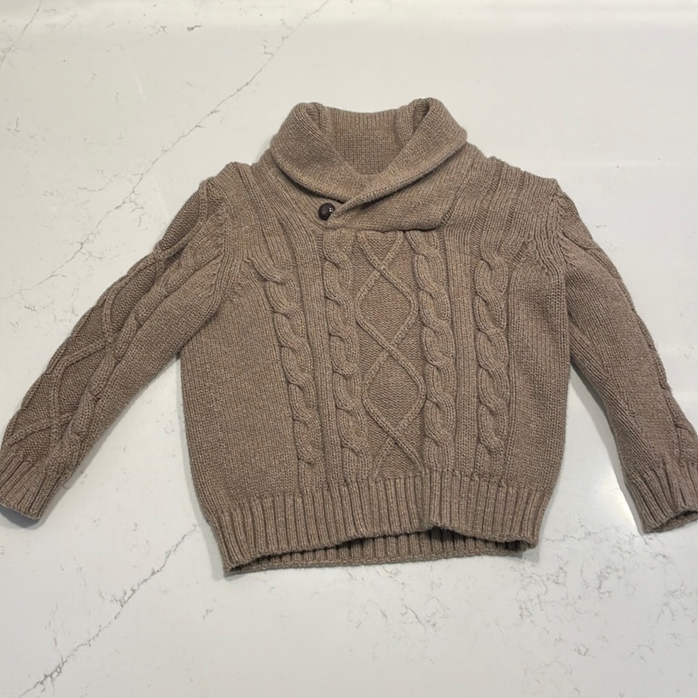 Baby boy tan cowl neck cable knit sweater